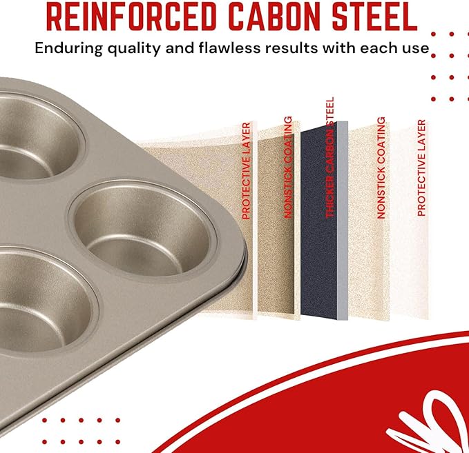 Flexzion Muffin Tray Cupcake Baking Pan 2 Pack, Carbon Steel Muffin Tins Nonstick 6 Cups, Cupcake Tin Bakeware Accessories for Baking Cupcake Muffin Brownies Snack, Fridge Safe, Champagne Gold