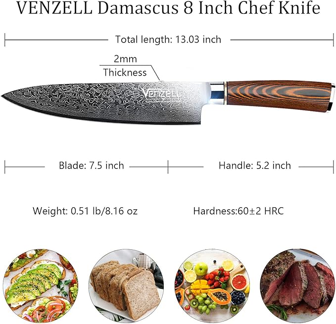 VENZELL Handmade 8 inch Chef Knife, 67-layer Damascus Stainless Steel Knife, HRC60±2 Professional Chopping Knife with Ergonomic PAKKA Wood Handle