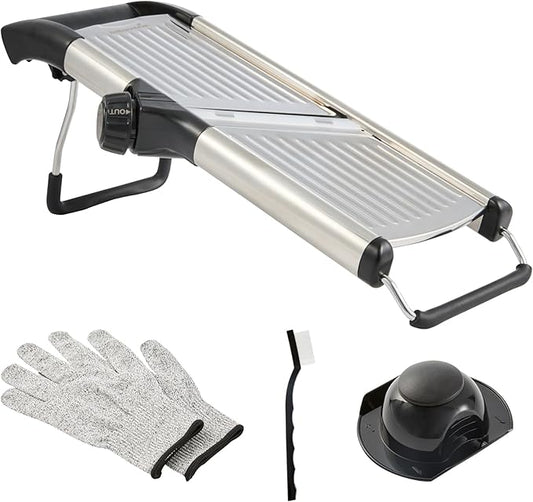 Restaurantware Stainless Steel Adjustable Mandoline Slicer - German Standard Vegetable Slicer with Blade Guard, Cut-Resistant Gloves, Cleaning Brush - Food Slicer for Potato, Onions, Cucumbers, Tomato