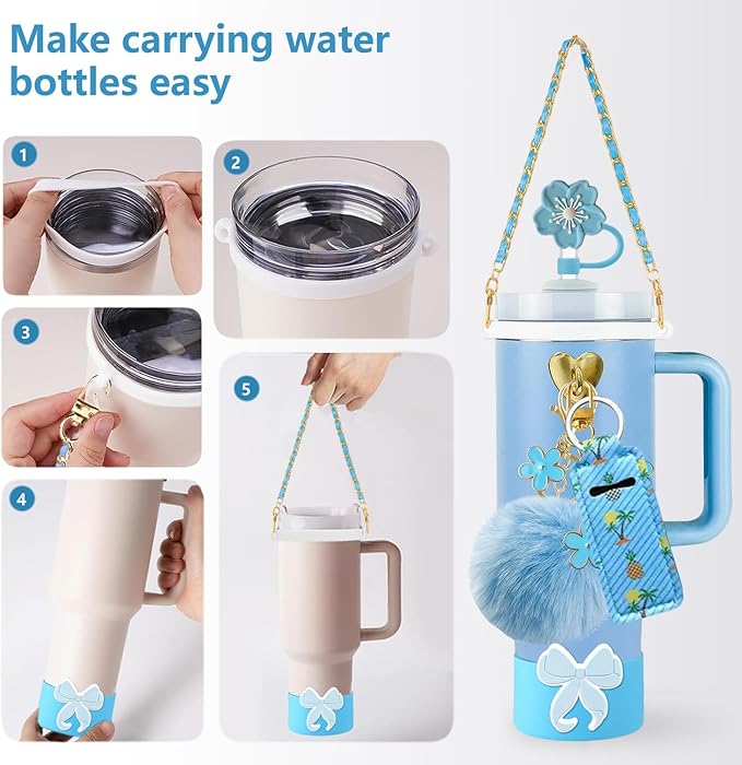 Accessories Set Including Water Bottle Handle Strap, Silicone Boot, Resin Butterfly Straw Cover, Straw Topper, Lip Balm Sleeve, Butterfly & Hairball Charms for Stanley Cup Tumbler