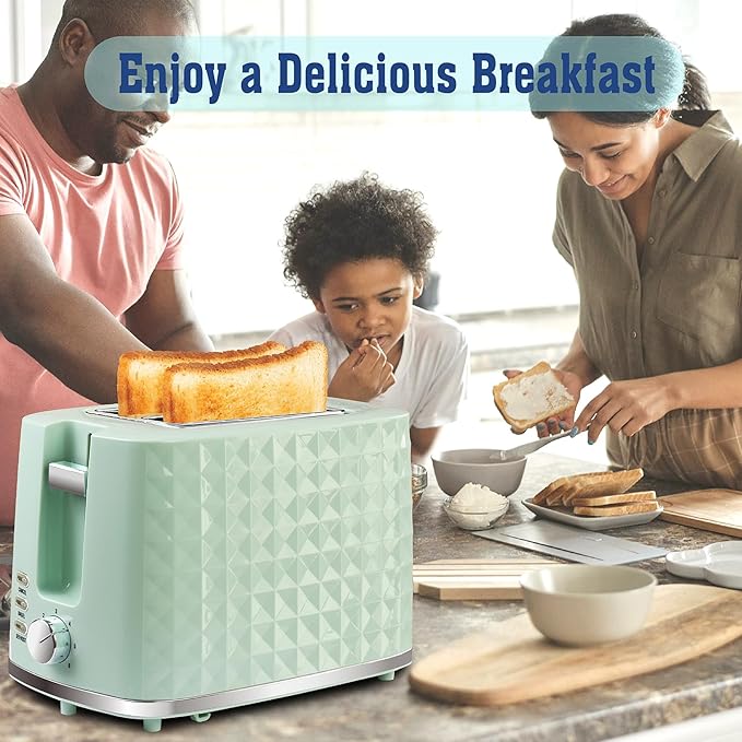 Seydere Toaster 2 Slices, Toasters Wide Slot, Bread Toaster with Cancel, Bagel, Defrost Function, Bagel Toasters with Removable Tray & 6 Temperature Settings, Green