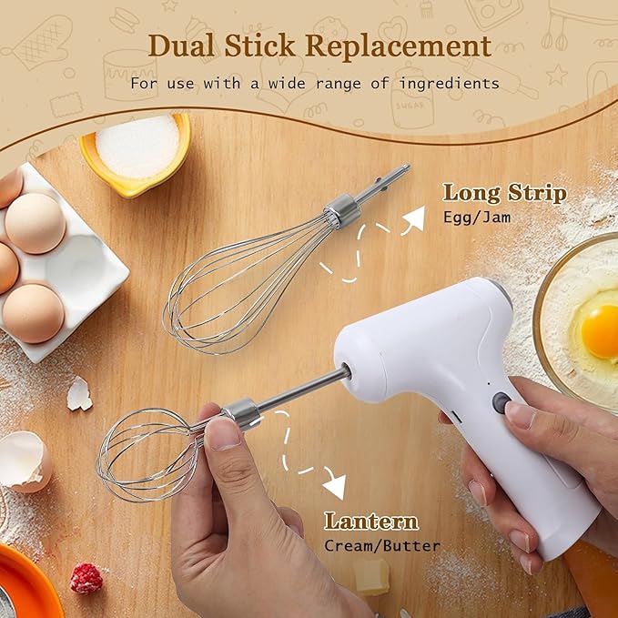 CHIDOYII Cordless Hand Mixer, Handheld Electric Whisk with 3 Speed Modes, Hand Held Egg Beater with 2 Detachable Stir Whisks (White Silver)