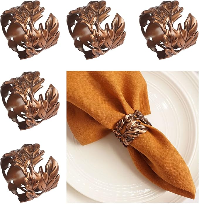 Leaf Shape Napkin Rings Set of 6, Bronze Napkin Rings Metal Napkin Ring Holders for Dinner Party, Wedding, Banquets,Thanksgiving, Holiday Table Settings