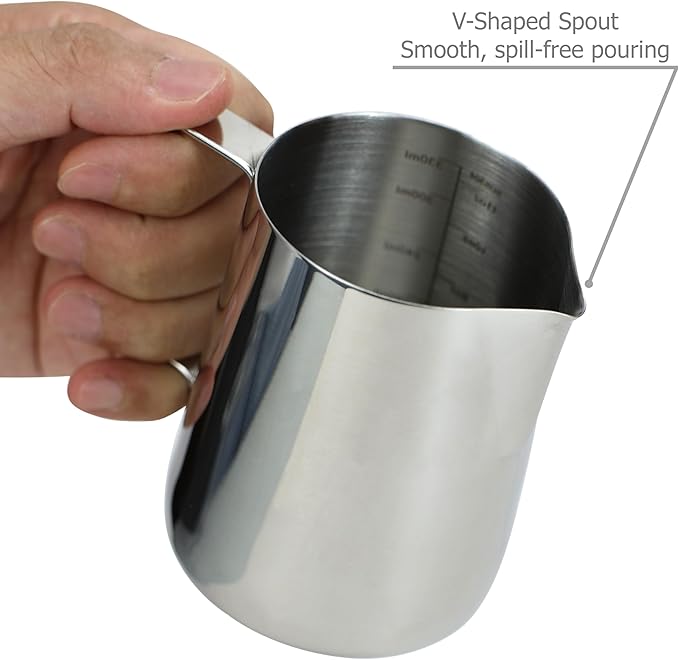 EIKS Stainless Steel Measuring Cup Steaming Pitcher Milk Frothing Jug with Handle, Pour Spout and ML/Ounce Scale (350ml)
