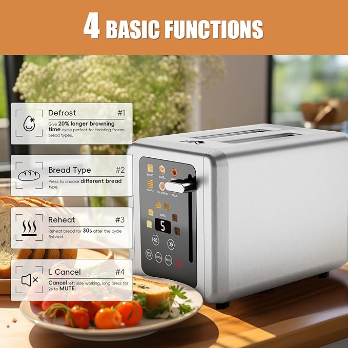 WUNLY Touch screen Toaster 2 slice,Stainless Steel Digital Timer Toasters with Sound Function,6 Bread Types & 6 Shade Settings,Smart Extra Wide Slots Toaster with Bagel,Defrost Functions,Platinum