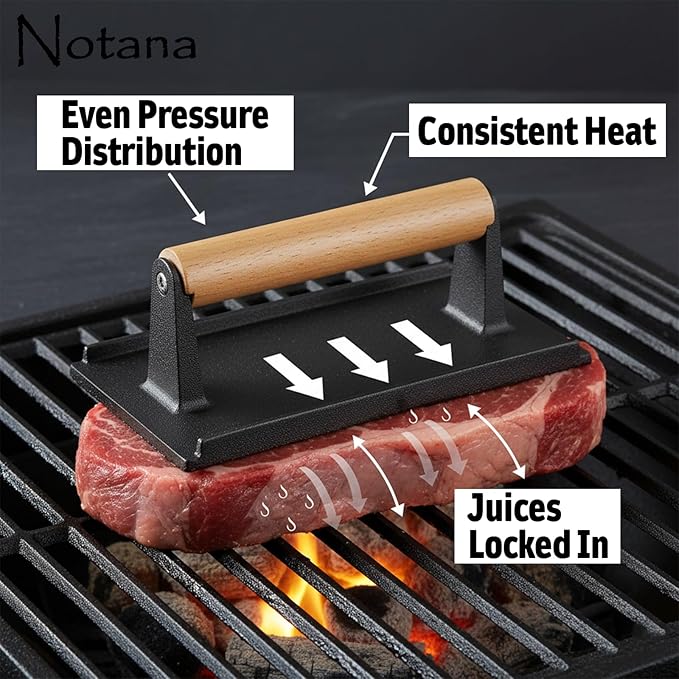 Cast Iron Steak Weight Press for Griddle, Grill and Pan Cooking - Heavy Cast Iron Grill Press with Wooden Handle - Steak Press Weight for Even Searing of Meat, Burgers and Bacon 8" x 4"