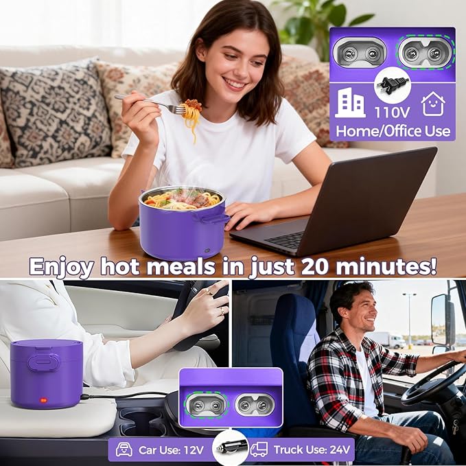 Electric Lunch Box, 33OZ Portable Food Warmer | 100W Rapid Heating & Leak-Proof 304 Stainless Steel | 3-in-1(Car 12V/24V & Home 110V) | Perfect for Work/Travel,On-the-Go,Ideal Gift for Men & Women