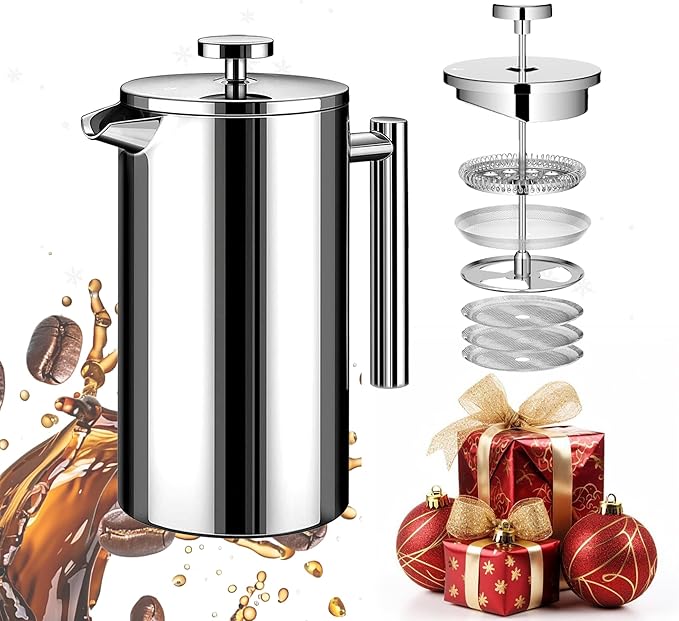 WORBIC French Press Coffee Maker 34oz, Stainless Steel Double Wall Insulated, 3 Extra Filters & Coffee Spoon for Hot/Cold Brew, Durable Coffee Press for Home, Camping, Office - Silver