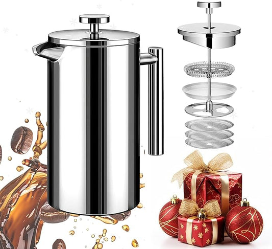 WORBIC French Press Coffee Maker 34oz, Stainless Steel Double Wall Insulated, 3 Extra Filters & Coffee Spoon for Hot/Cold Brew, Durable Coffee Press for Home, Camping, Office - Silver