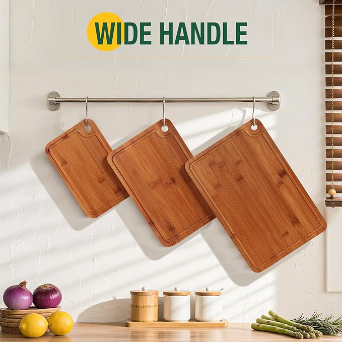 Bamboo Cutting Boards for Kitchen Set of 3, Wooden Cutting Board Non Toxic with Side Handle, HKKZYT Wood Chopping Board with Deep Juice Groove, Knife-Friendly, Kitchen Gift (Dark Color)