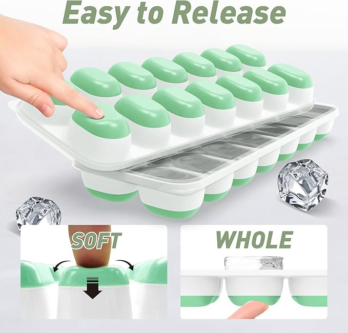 Ice Cube Tray with Lid, 2 Packs 28 Cubes Durable Stackable Ice Cube Trays for Freezer with Removable Lids, Easy-Release Plastic & Silicone Ice Tray for Cocktail, Coffee