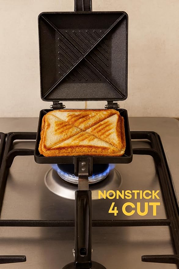 Nonstick Gas Stove Sandwich Maker 4-Cut Triangle Toaster Pan with Heat-Resistant Handle Portable Stovetop Sandwich Toaster Non-Stick Grill Pan for Crispy Sandwiches & Snacks