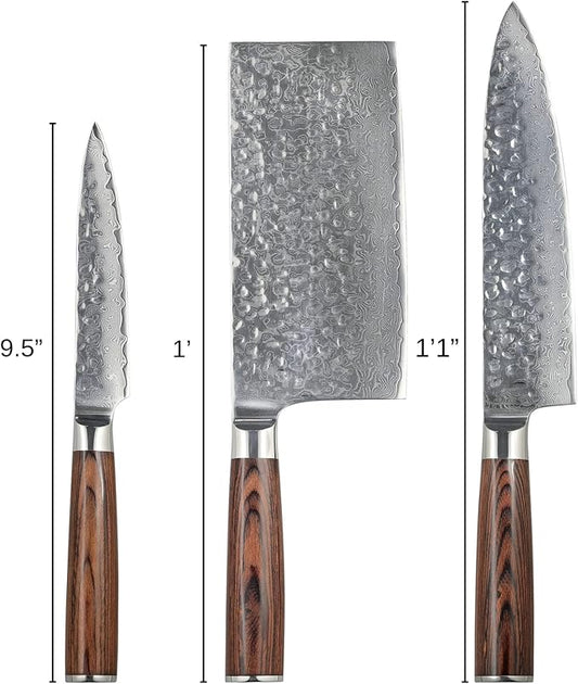 3 Piece Damascus Kitchen Knife Set - including Chef's Knife, Cleaver and Paring Knife