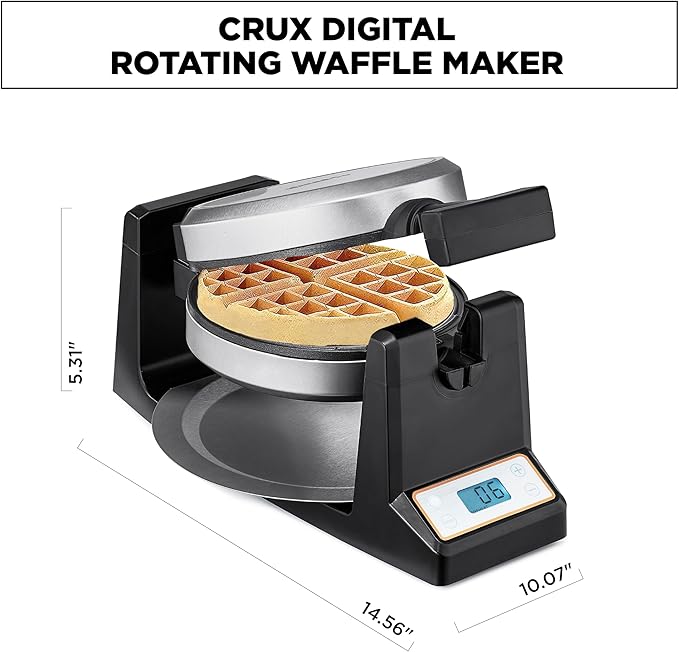 CRUX Rotating Belgian Waffle Maker with Deep Nonstick PFOA Free Plates, Digital Keto Chaffles Iron with LCD Display, Browning Control and Cord Storage, Stainless Steel