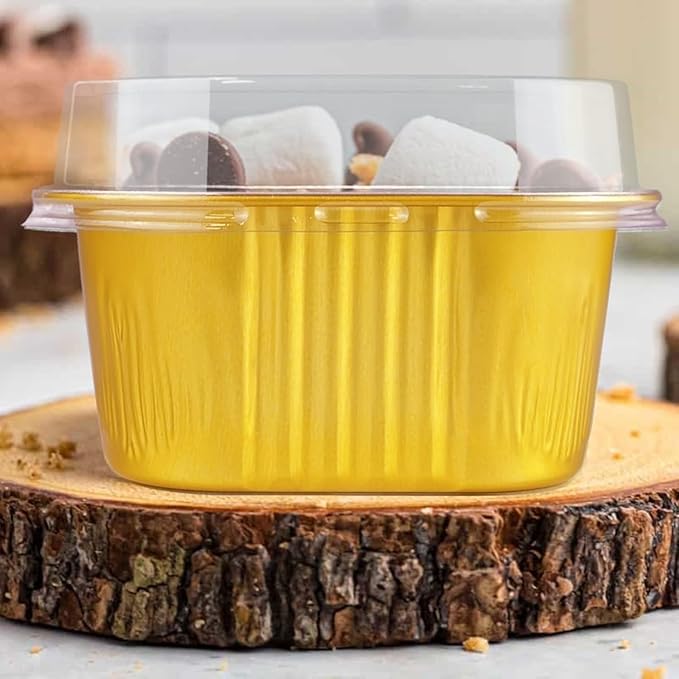 Lewarm 14 oz Mini Cake Pans with Lids, Square Muffin Pans, Multi-purpose Aluminum Baking Cups, Premium Dessert Cups, Creme Brulee Ramekins Oven Safe, 60 Pack