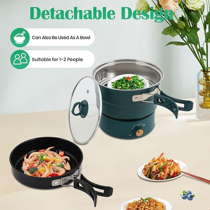 Portable Electric Hot Pot,500W Mini Electric Cooker w/Foldable Handles & Steamer,Non-stick Frying Pan,Multi-Functional Ramen Noodle Cooker Power Adjustment for Steaks,Soup,Pasta (Green)
