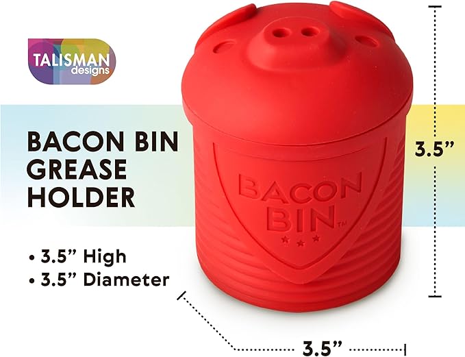 Talisman Designs Bacon Bin Grease Strainer & Collector | Family Friendly Kitchen Tools | Fun & Functional Silicone Grease Container | Holds up to 1 Cup | Red