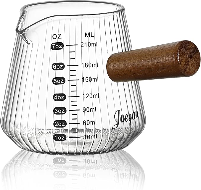 Joeyan 7 oz Espresso Cups, Glass Measuring Cup, Espresso Shot Glass with V-Shaped Mouth and Handle, Clear Origami Style Milk Frothing Pitcher, Espresso Machine Coffee Bar Accessories
