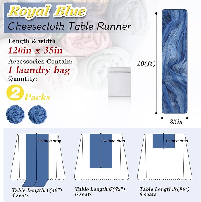 Royal Blue Cheesecloth Table Runner 2 Pack 35" Boho Gauze Table Runner 120 inches Long Runner Rustic Sheer Fabric Bulk for Baby Shower Wedding Bridal Birthday Party Table Decorations