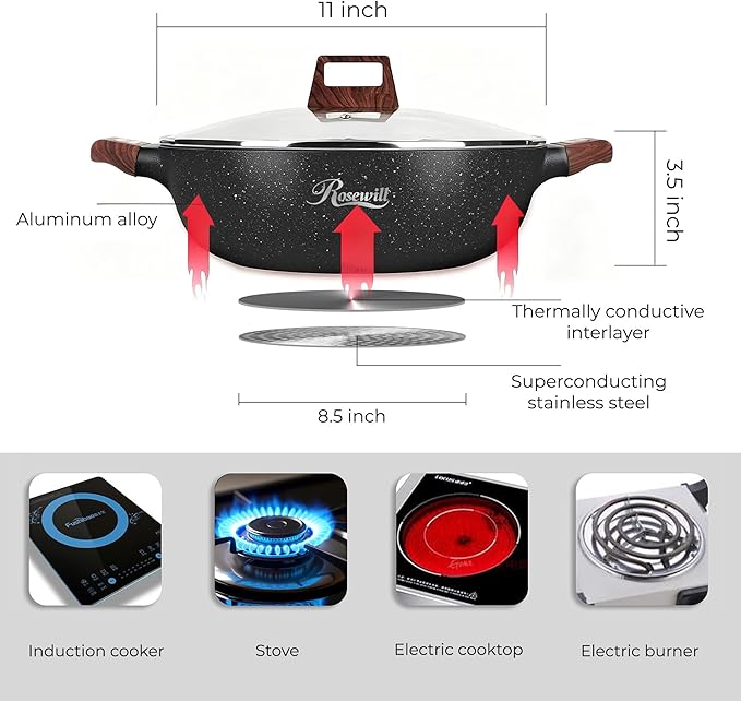 Rosewill 4.2QT Double Flavor Non-Sticking Shabu Shabu Hot Pot with Divider, 13 inch Divided Stockpot for Cooking, Hot Pot for Induction Cooktop & Gas Stove, Electric Burner - Dark Gray