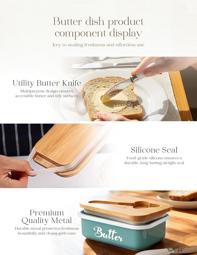 Butter Dish with Lid for Countertop, AISBUGUR Metal Butter Keeper with Stainless Steel Multipurpose Butter Knife, Large Butter Container with Double High-quality Silicone Good Kitchen Gift Green
