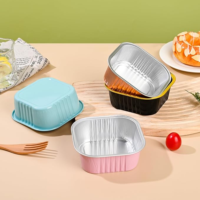 Findful Mini Cake Pans With Lids (10oz,40 Pack) Aluminum Foil Square Cupcake Liners Brownie Baking Cups,Disposable 4”x4” Large Cupcake Pan,Jumbo Muffin Tin Ramekins Holders