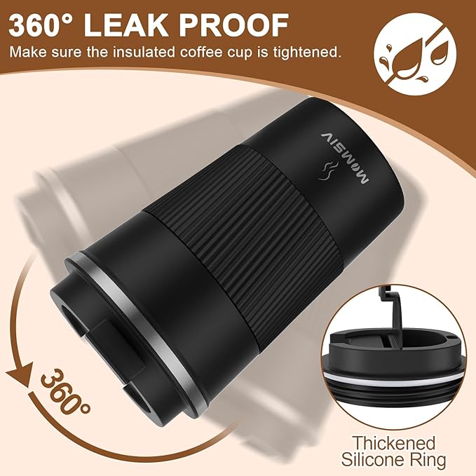 MOMSIV 12oz Travel Mug, Insulated Coffee Cup with Leakproof Lid, Vacuum Stainless Steel Double Walled Reusable Tumbler for Hot and Cold Water Coffee and Tea In Travel and Car (Black - 380ml)
