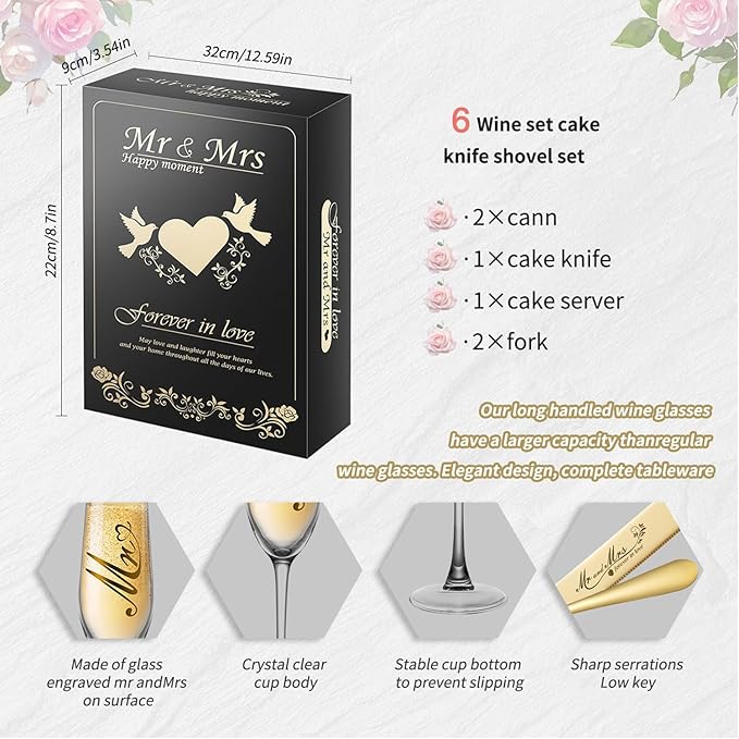 Mr and Mrs Champagne Flutes, Bride and Groom Champagne Glasses, Wedding Cake Knife and Server Set, Cake Cutting Set for Wedding, Bridal Shower Gifts, Engagement Gifts for Couples (Gold, Set of 6)