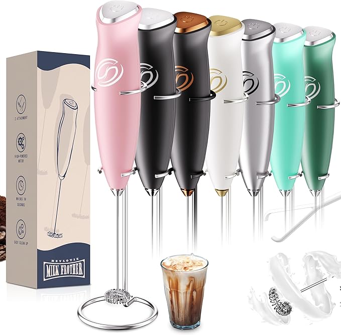 HeyLotie Milk Frother With Stand Handheld Frother Wand Drink Mixer Handheld Coffee Stirrers Electric Frother for Coffee Mixer Wand with 2 Whisk frother for protein powder-Pink