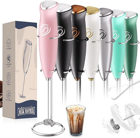 HeyLotie Milk Frother With Stand Handheld Frother Wand Drink Mixer Handheld Coffee Stirrers Electric Frother for Coffee Mixer Wand with 2 Whisk frother for protein powder-Pink