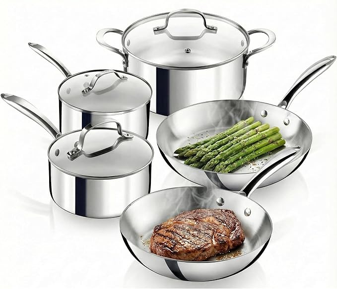Gotham Steel 10 Pcs Stainless Steel Cookware Set, Pots and Pans Set Non Stick with Induction Cookware, Made Without PTFE PFOA PFOS, Metal Utensil Safe, Oven and Dishwasher Safe