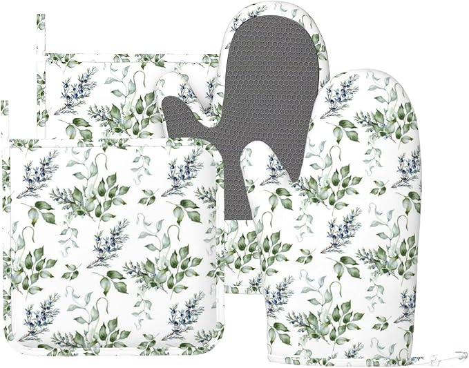Sage Green Branches Silicone Oven Mitts and Pot Holders Sets Holly Leaves Kitchen Mitts Watercolor Berries Potholder Kitchen Accessories for Cooking Baking BBQ