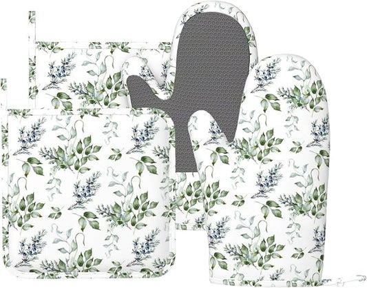 Sage Green Branches Silicone Oven Mitts and Pot Holders Sets Holly Leaves Kitchen Mitts Watercolor Berries Potholder Kitchen Accessories for Cooking Baking BBQ