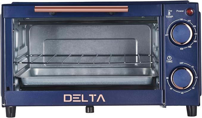 Prime Cuisine 9L Toaster Oven, Small Countertop Electric Oven 750W, 60-Min Timer Auto Shut-Off, Tempered Glass Door, 2-Knob Manual Control, Compact Toaster Ovens Countertop with Baking Tray & Rack