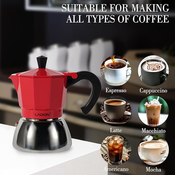 LAOION Stovetop Espresso Maker, 3Cup Moka Pot, Espresso Machine Compatible with Induction Cooktops, 150ml Stainless Steel & Aluminum Cuban Coffee Maker for Cafetera Cubana, Red