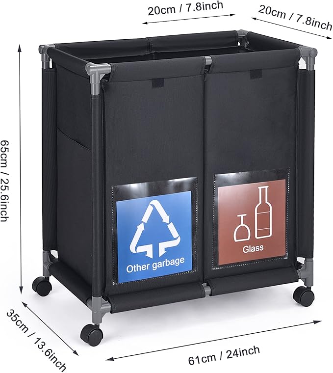 Hivexagon 2 in 1 Garbage Recycle Sorting Basket,2 Cover Top Compartments with Wheels,2 Front Transparent Display Pockets 110L Large Capacity Perfect for Kitchen Office
