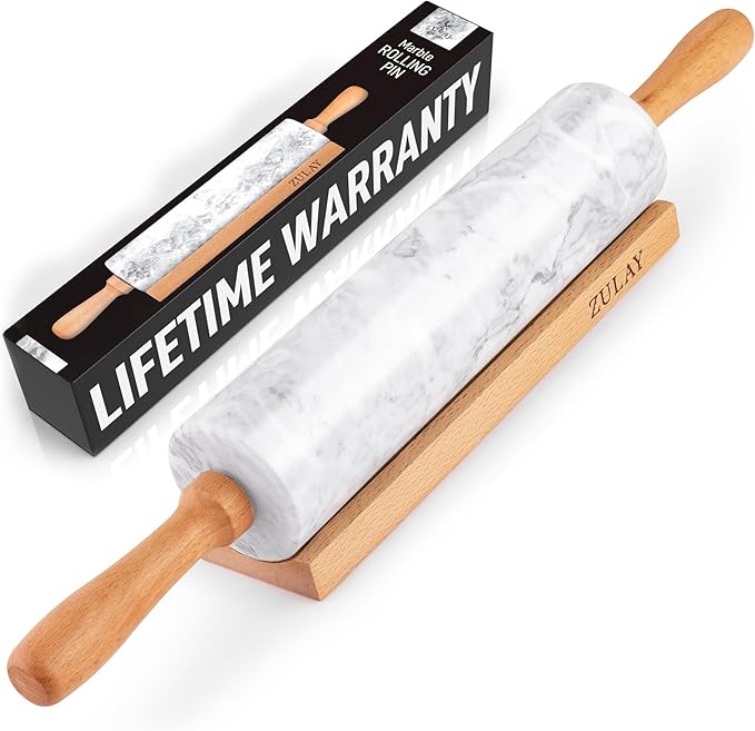 Zulay Kitchen 17-Inch Marble Rolling Pin With Stand - Polished Marble Rolling Pins For Baking With Long Beechwood Handle - Non-stick Roller Pin For Baking Pastries, Bread & Pizza
