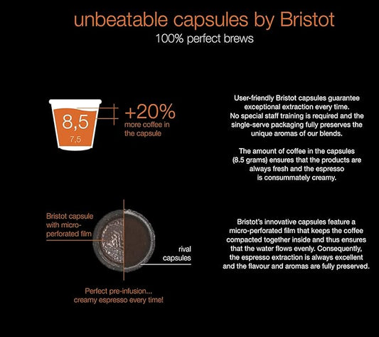 Bristot Decaf Espresso Capsules – Compatible with Lavazza Blue Machines – 50 Count