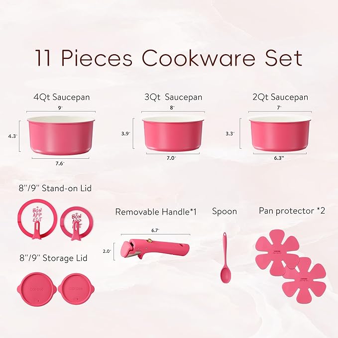 CAROTE Ceramic Sauce Pan Sets with Stand-Up Lid 2QT& 3QT & 4QT, 11 Piece NonStick Kitchen Cookware Sets with Detachable Handle, Non Toxic Cooking Pot, Oven Safe, Induction Ready, Pink