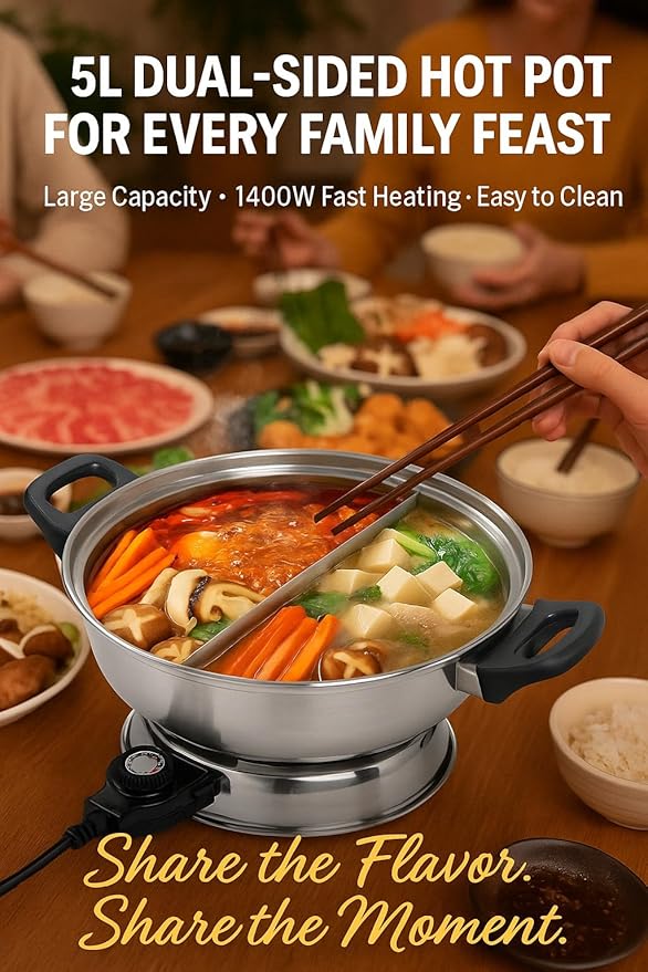 YONGXIN Electric Hot Pot JH-160B-30cm with Divider 304 Stainless Steel, 1400W Dual-Sided Shabu Hot Pot, 4 Liters