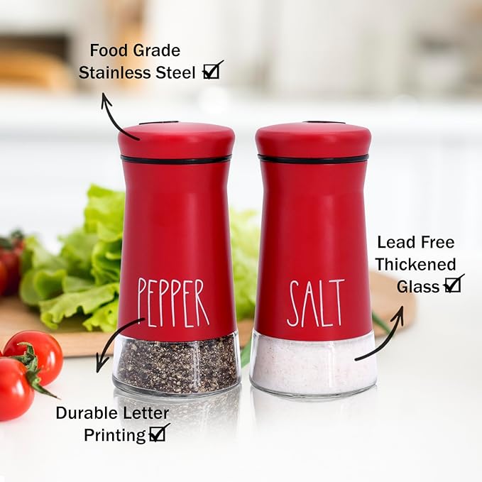 Red Salt and Pepper Shakers with Adjustable Pour Holes, Refillable Salt Shaker by Aelga, Ideal for Himalayan, Kosher, Black and White Pepper, Red Kitchen Accessories