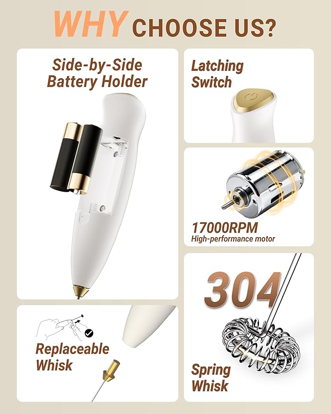 HeyLotie Milk Frother Handheld Frother Wand Drink Mixer Handheld Coffee Stirrers Electric Frother for Coffee Mixer Wand with 2 Whisk frother for protein powder coffee frother handheld-White/Gold