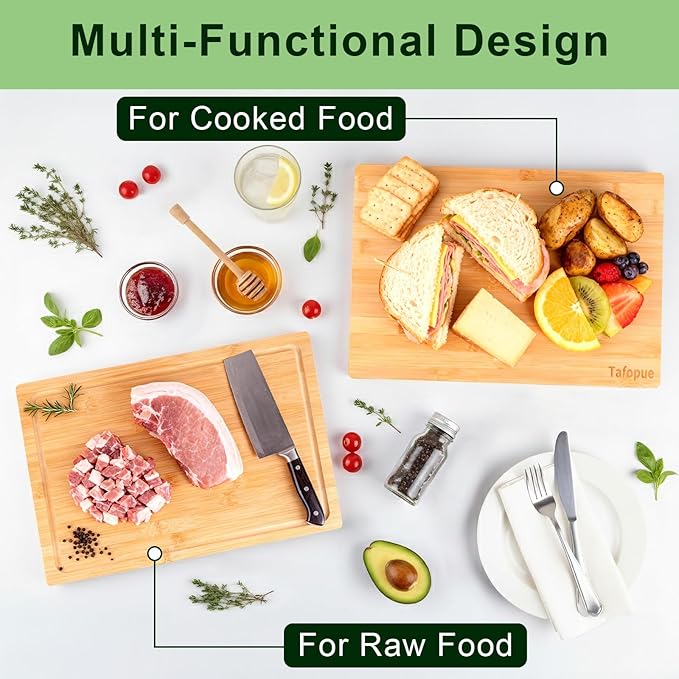 Tafopue Bamboo Cutting Board for Kitchen, Thickened Chopping Board with Juice Groove & Handles, Large Double Sided Butcher Block for Meat, Vegetables & Charcuterie Serving, 17x12x1 Inch