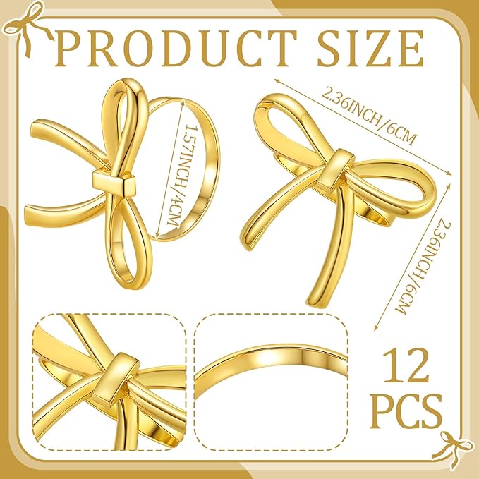 12 Pcs Gold Bow Napkin Rings, Metal Butterfly Napkin Holders for Dinner Parties Wedding Banquet Table Setting Family Gatherings Table Decoration