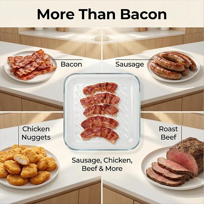 HoPliGhe Microwave Bacon Cooker, Square Glass Microwave Bacon Grill Tray 9.84inch,Cook Crispy Bacon in Minutes