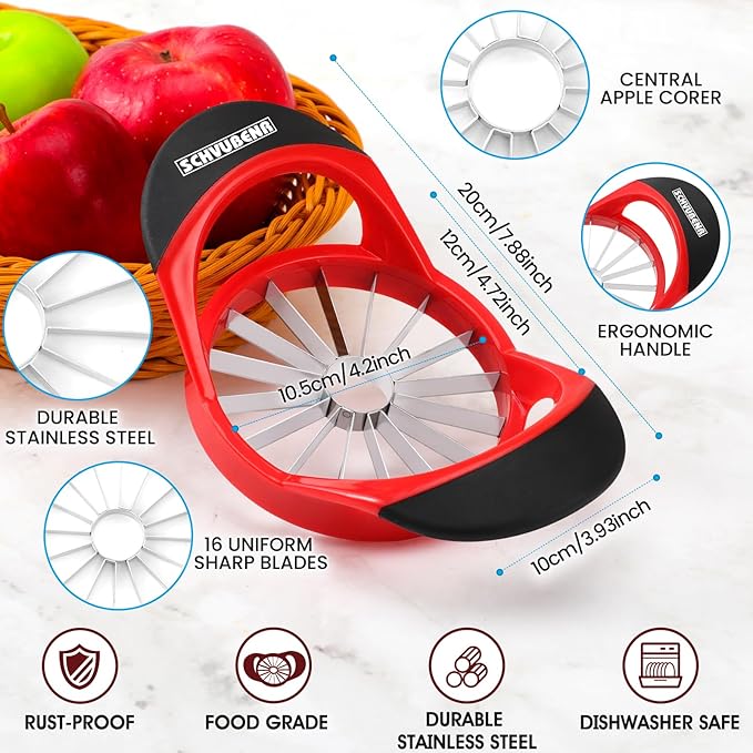 SCHVUBENR Apple Slicer and Corer - 4.72 Inch Stainless Steel Apple Cutter with 16 Sharp Blades - Professional Apple Divider Tool for Quick Slices - Easy to Use & Clean - Slice Fruits with Ease - Red