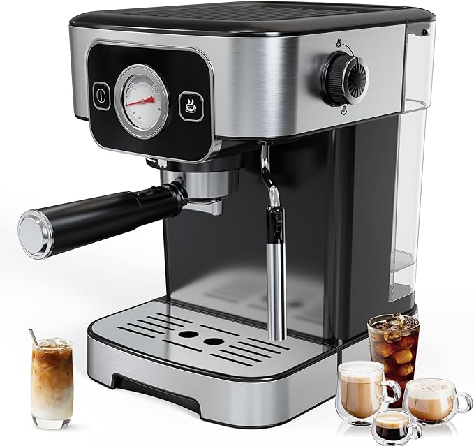 TINTALK Espresso Machine 20 Bar with Steam Milk Frother, Stainless Steel Coffee Machine with Removable Water Tank for Cappuccino,Latte, Compact Stainless Steel Coffee maker for home,Great Gift