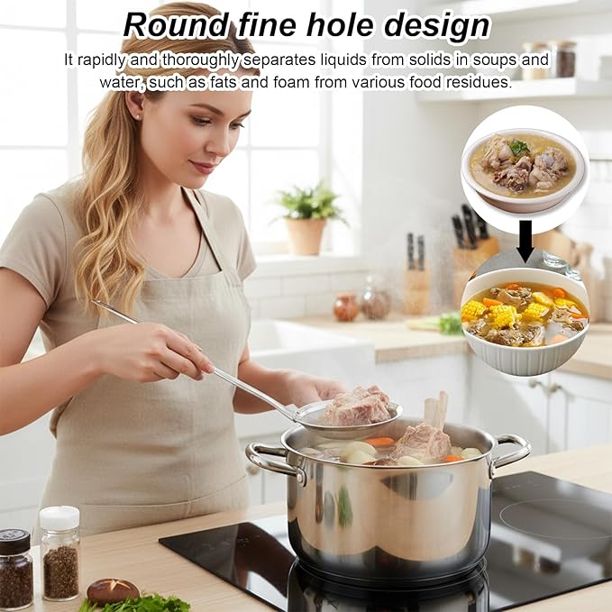 Fine Mesh Stainless Steel Colander Strainer, Skimmer Spoon Strainers with Handle, Fine Mesh Sieve for Cooking Oil, Grease Foam, Food Vegetable Hot Pot (2 Pack, Large+small)