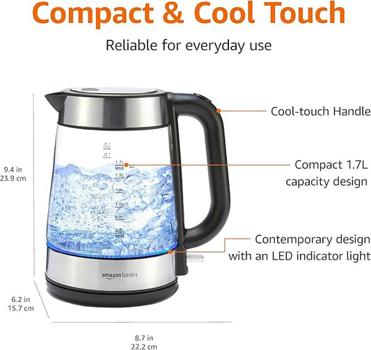 Amazon Basics Electric Kettle with Glass Carafe for Tea and Coffee, BPA-Free, Fast Boiling, Auto Shut-Off, 1.7 Liter, 1500W, Black and Silver