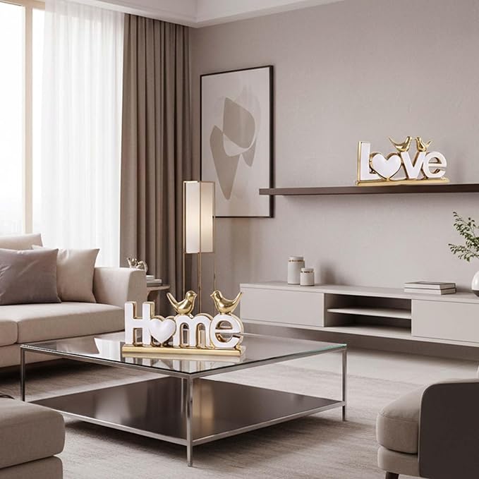 Love Sign Decor,Gold Room Decor Aesthetic, Knick Knack Shelf,Bird Decor, Boho Bookshelf,Abstract Statue,for Living Room,Bedroom, Contemporary Tv Stand Set of 2 (2, Gold White)